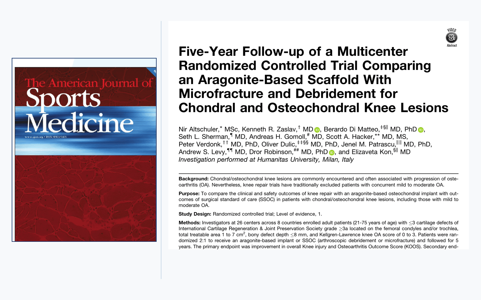 American Journal of Sports Medicine and AOSSM masthead beside the first page of the five-year CartiHeal study