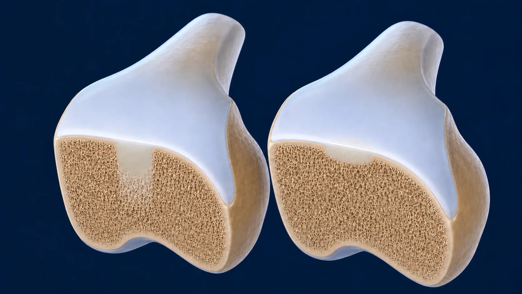 Matched healed femoral-condyle cutaways comparing CartiHeal osteochondral remodelling with a mature superficial MACI cartilage repair