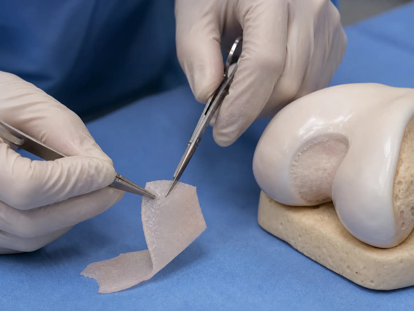 Thin cell-seeded membrane shaped beside a superficial cartilage defect model