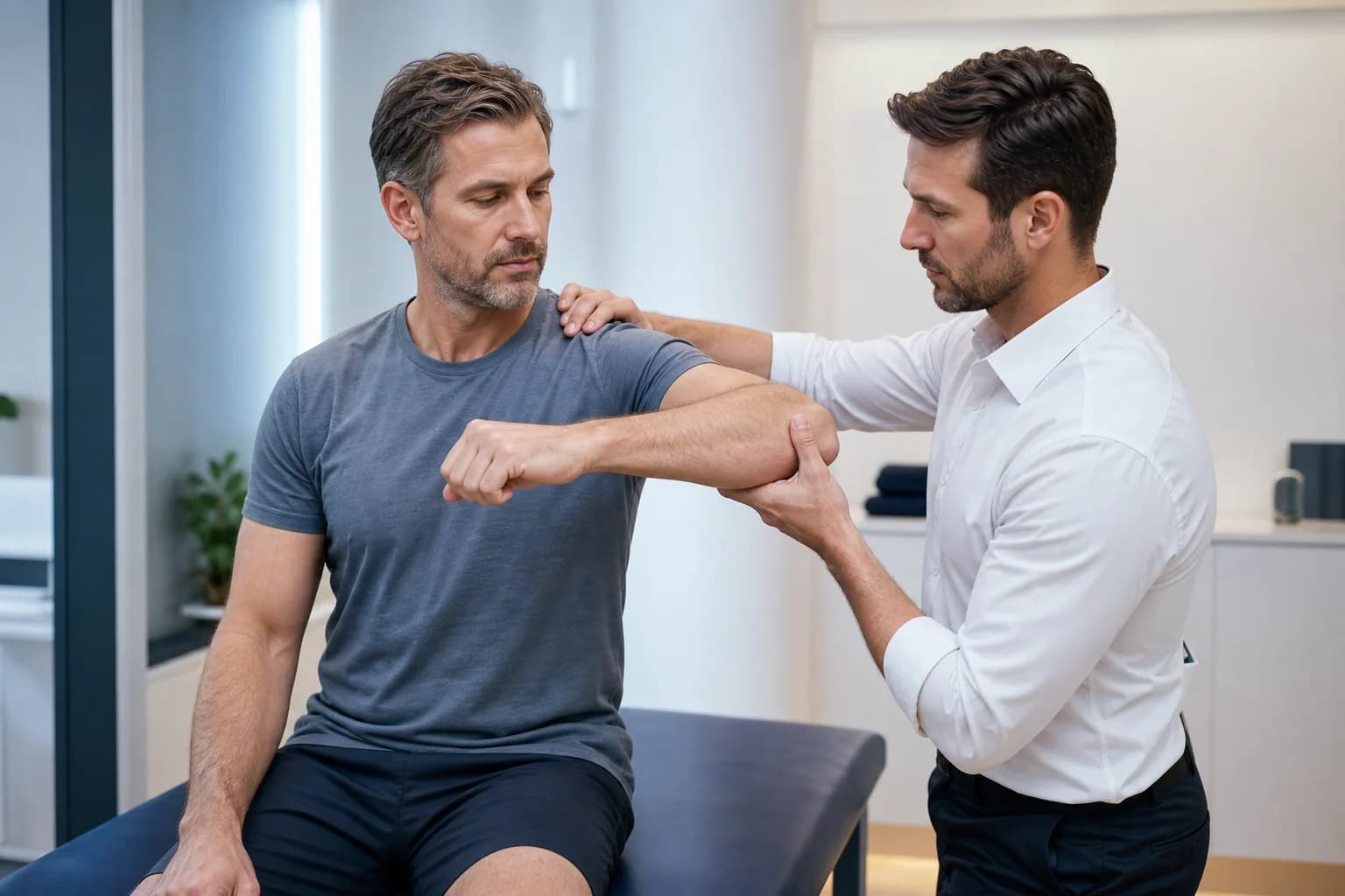 Clinician assessing resisted shoulder movement and tendon function