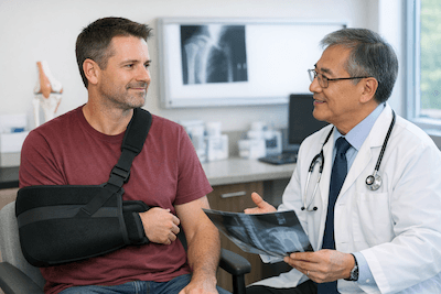 Patient in shoulder sling after surgery