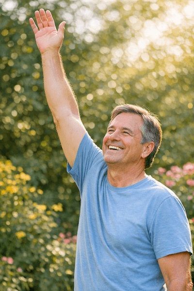 Patient demonstrating restored shoulder mobility