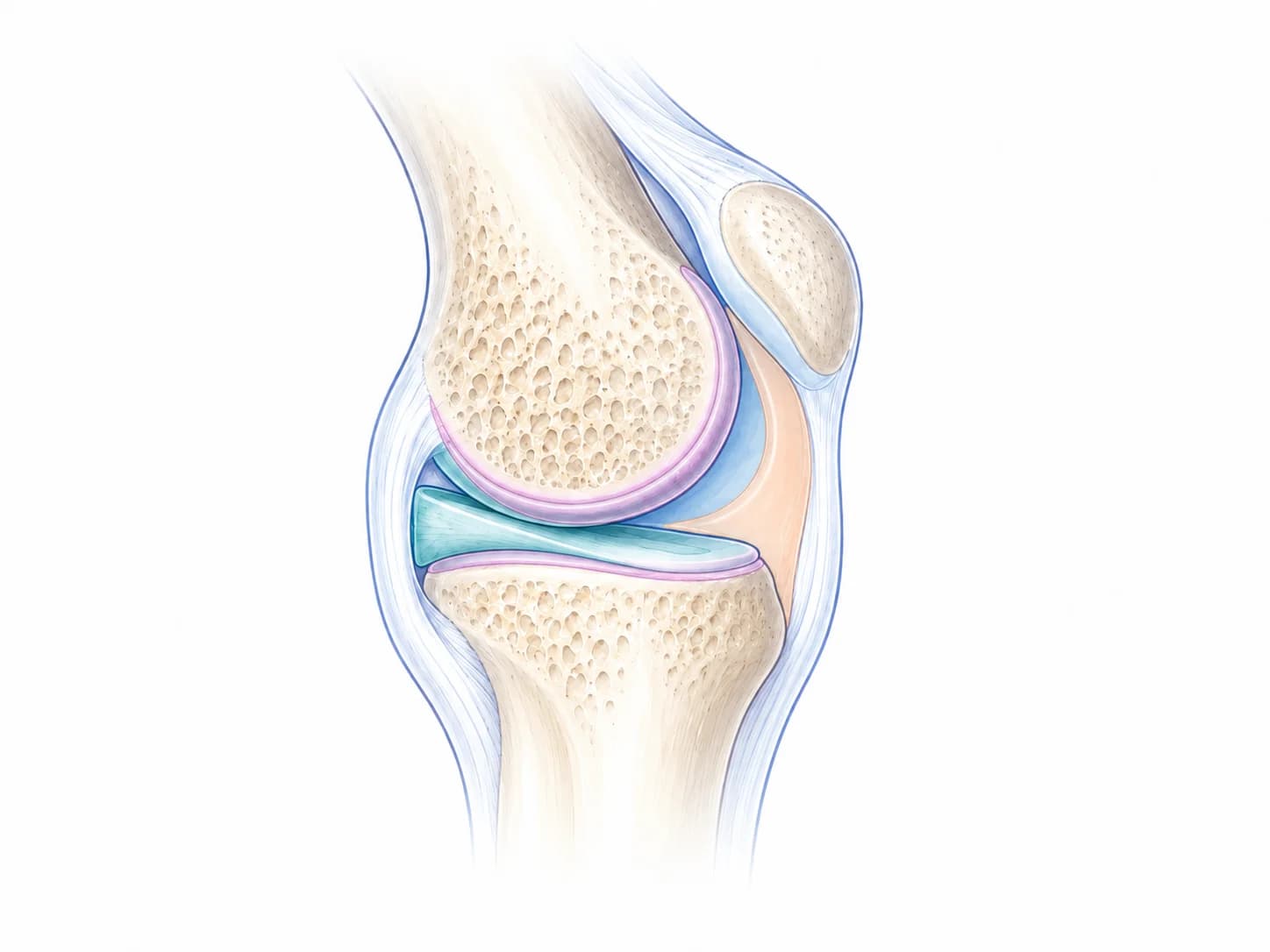 Knee joint cross-section with ChondroFiller coating the cartilage surfaces and Arthrosamid lining the inside of the joint capsule. The injections are delivered at separate appointments, not in the same session.