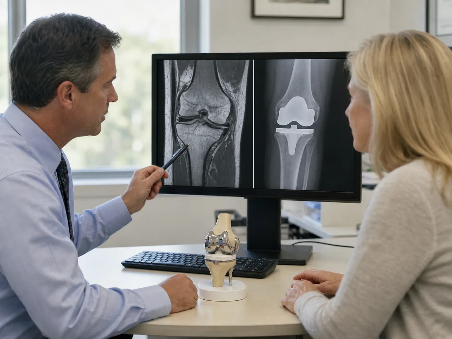 Clinician and patient comparing a native knee MRI with total knee replacement imaging