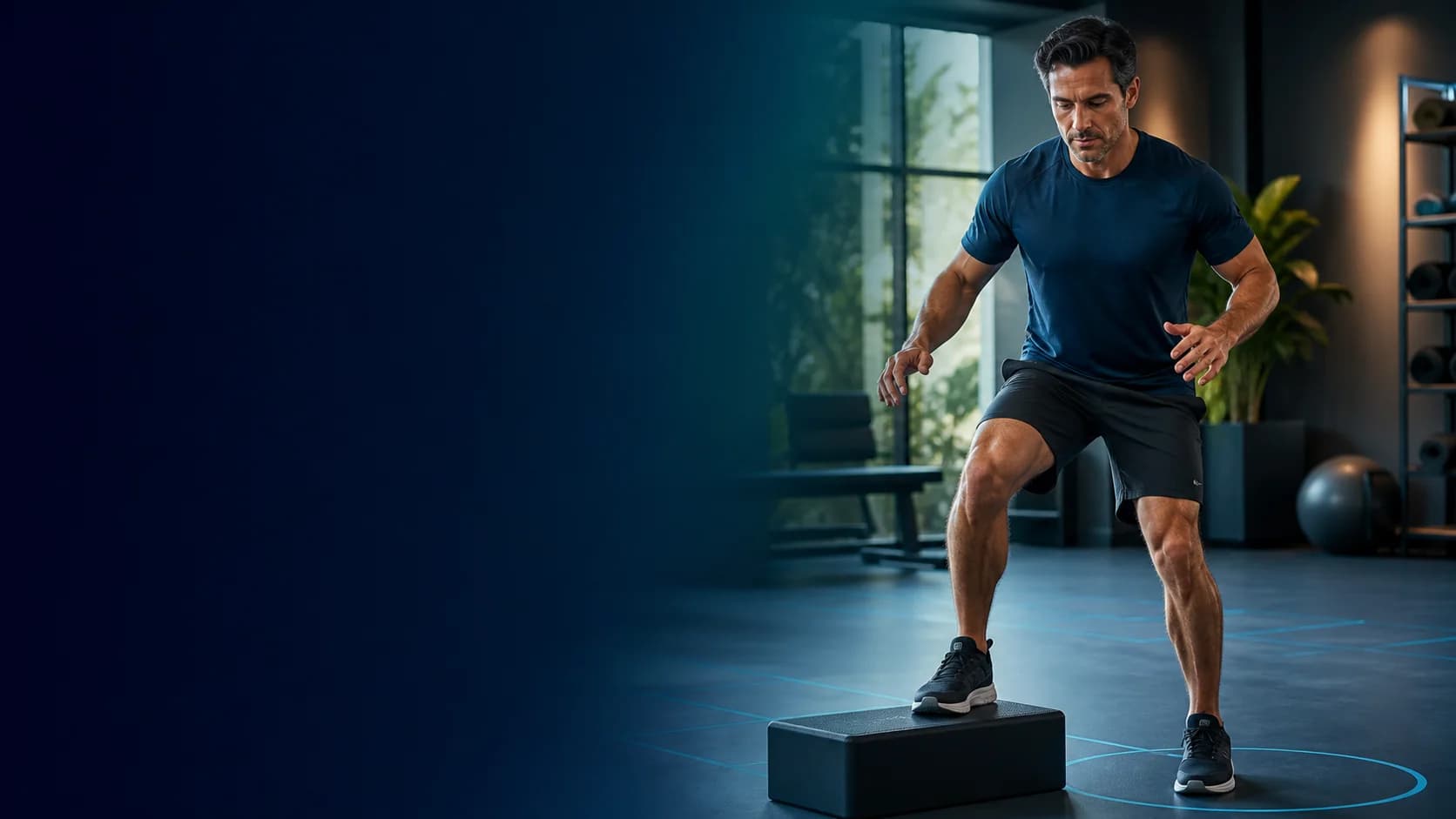 Man performing a controlled lateral step-down during ligament rehabilitation