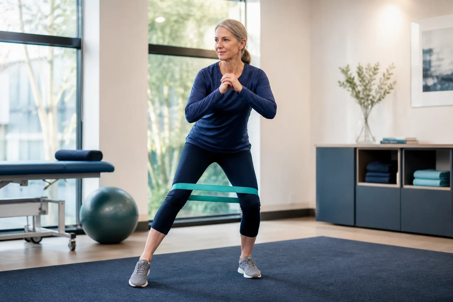 Woman rebuilding lateral knee strength with a resistance band