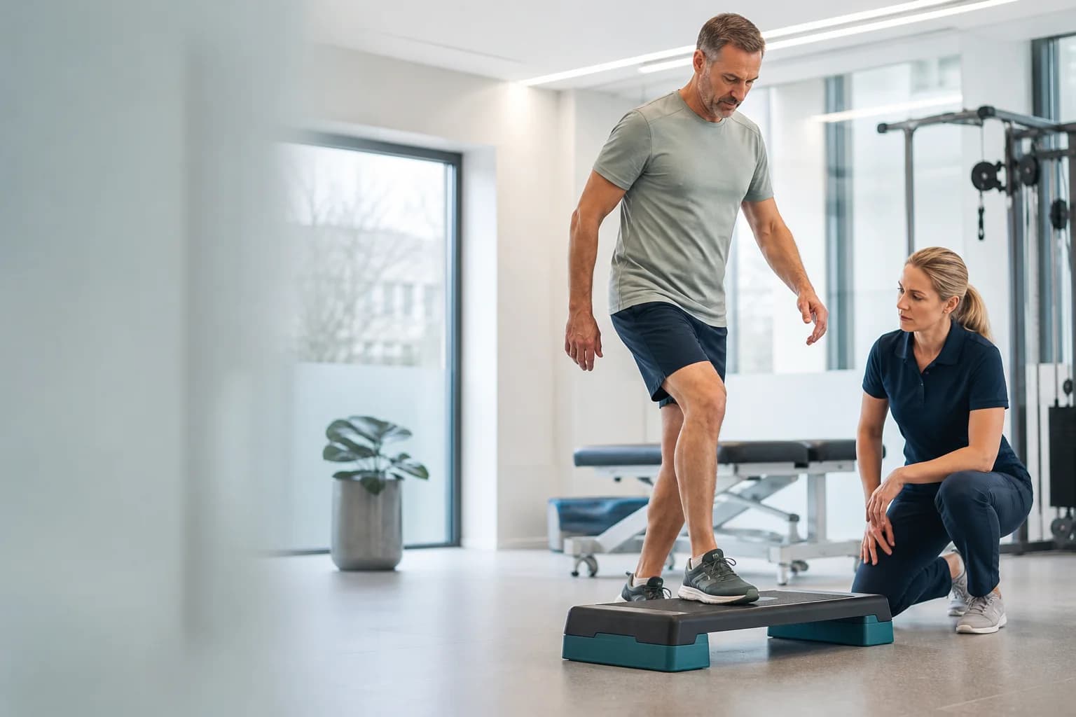 Physiotherapist assessing knee control during a step-down movement