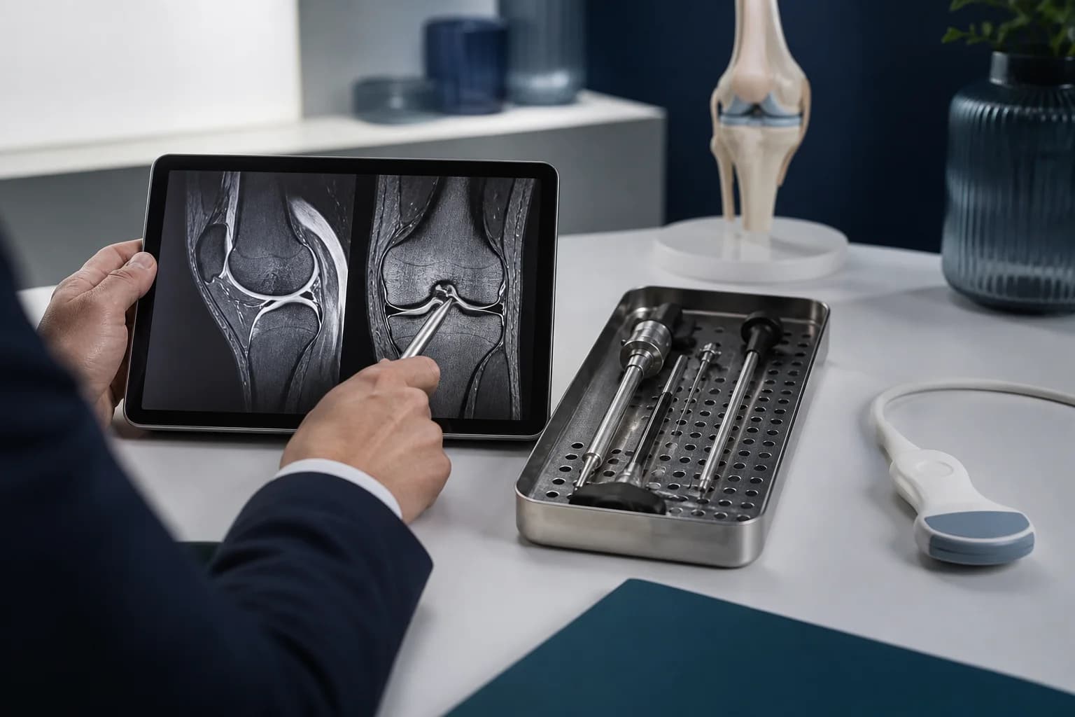 Knee MRI, ultrasound probe and arthroscopy instruments considered during treatment planning