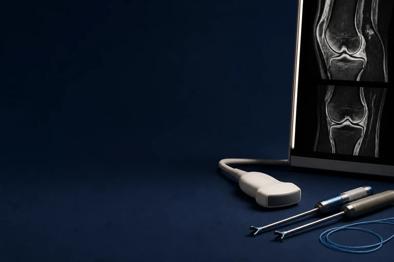 Knee MRI, ultrasound probe and meniscus repair instruments arranged for treatment planning