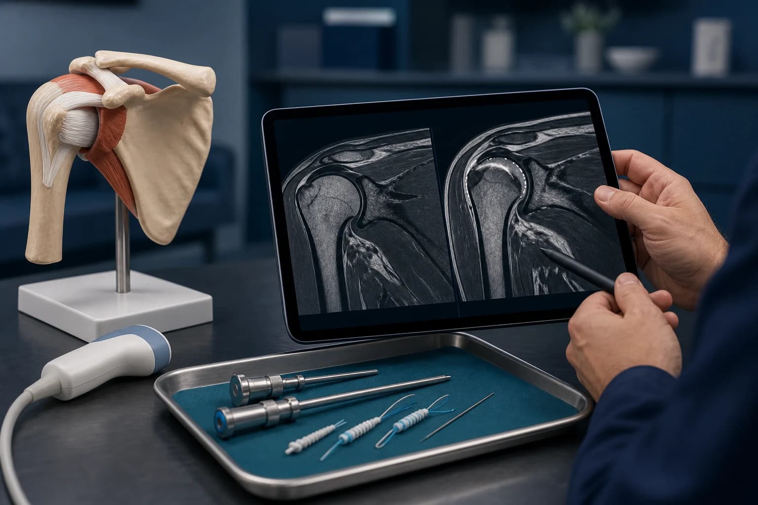 Tendon ultrasound and surgical repair instruments reviewed during treatment planning