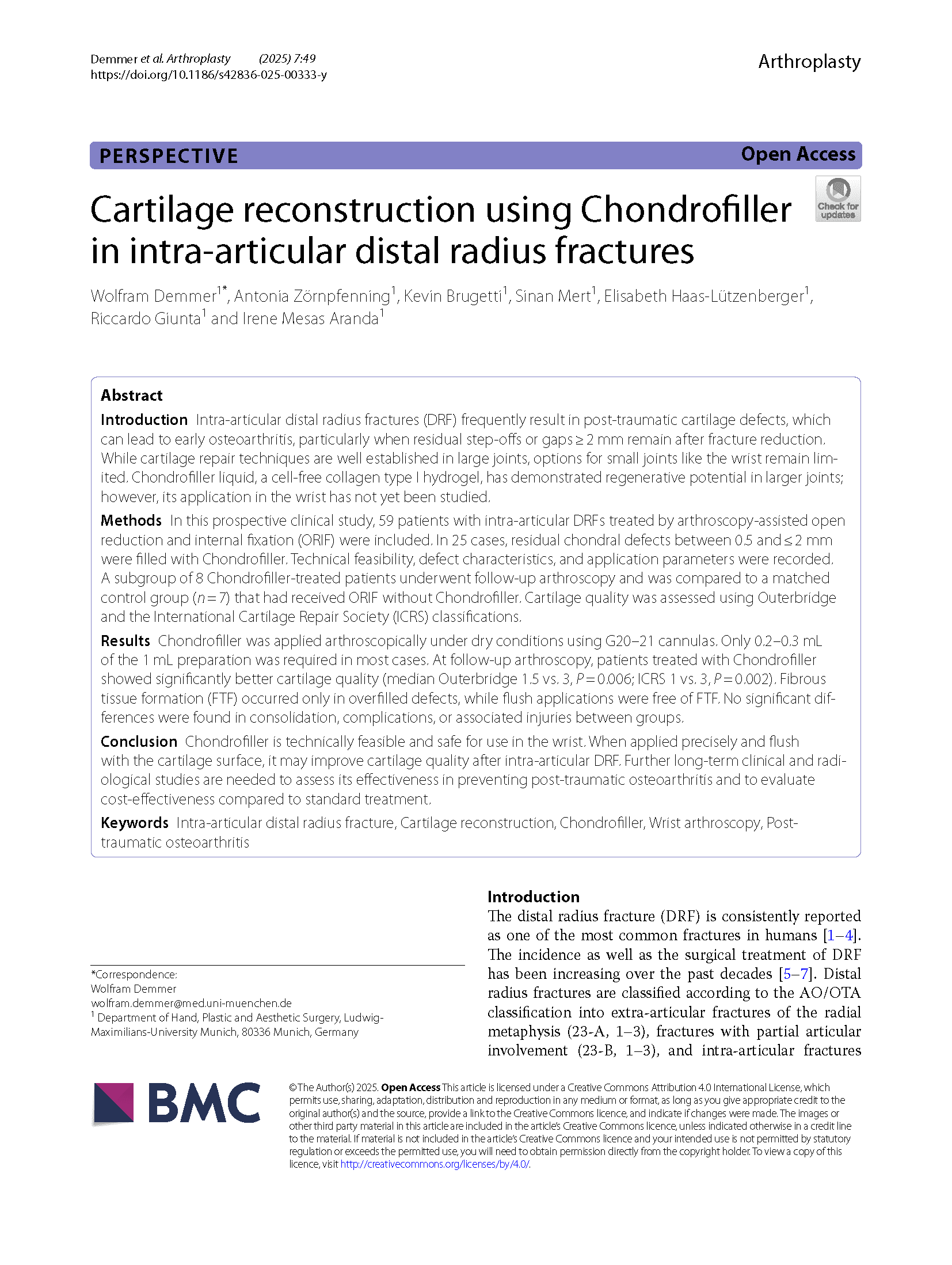 Cartilage Reconstruction Using ChondroFiller® in Intra-Articular Distal Radius Fractures